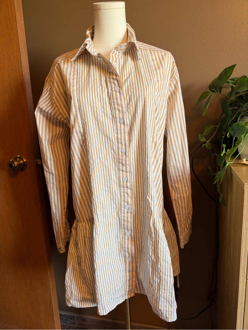 Striped Long-Sleeve Shirt Dress in Beige and White